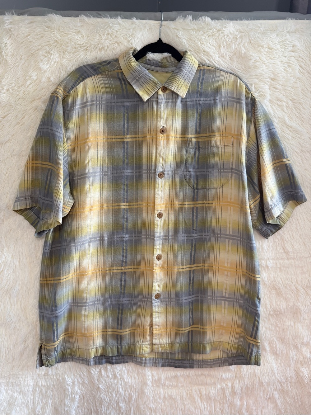 Tommy Bahama Mens Silk Plaid Camp Button Up Shirt Size XL Yellow Short Sleeve